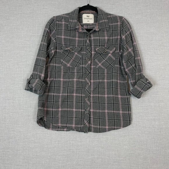 WindRiver Flannel Shirt Roll Tab Sleeves Cotton Sz Med Grey Pink Plaid - Picture 1 of 10